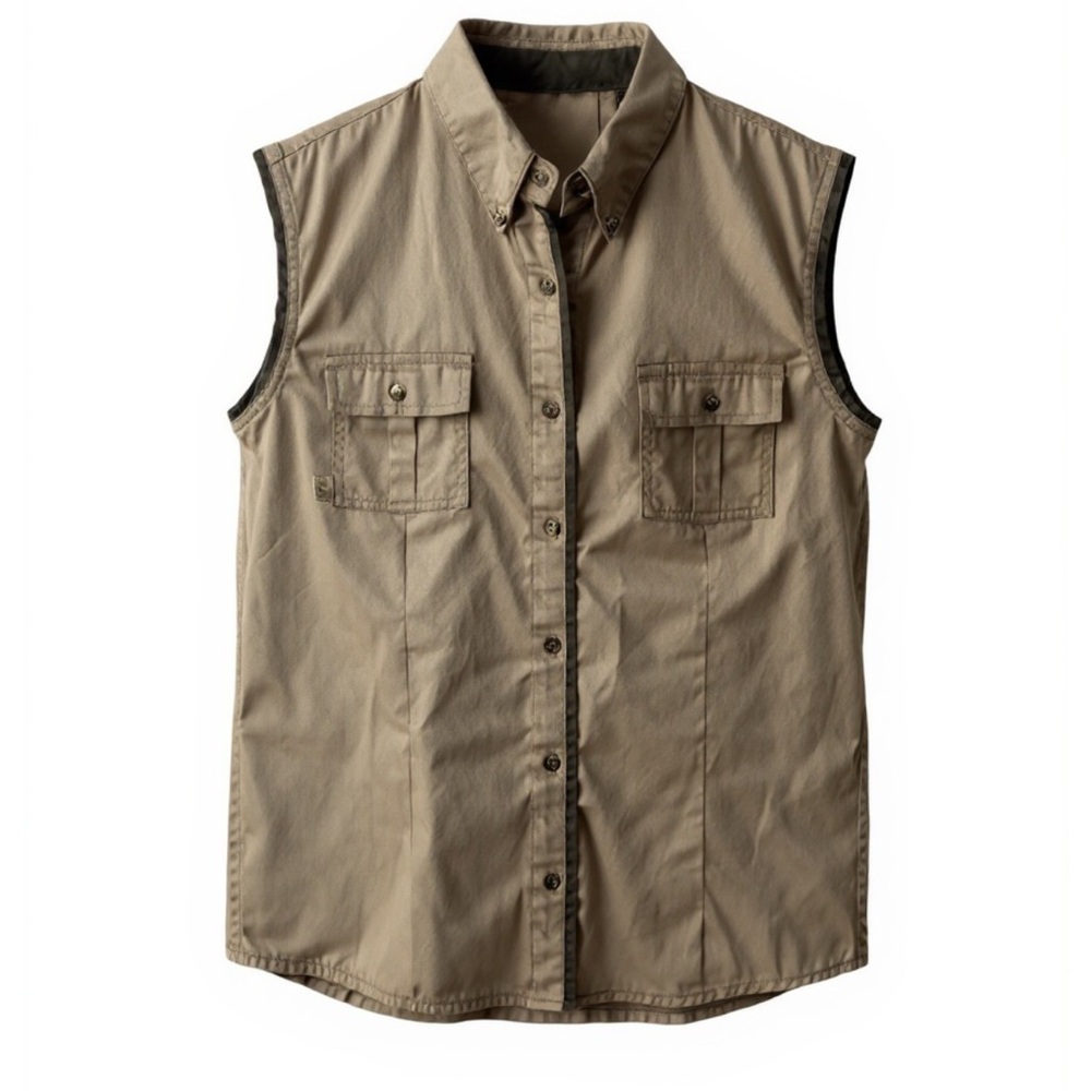She Safari Beige Vest Shirt Sleeveless Collared Size Large